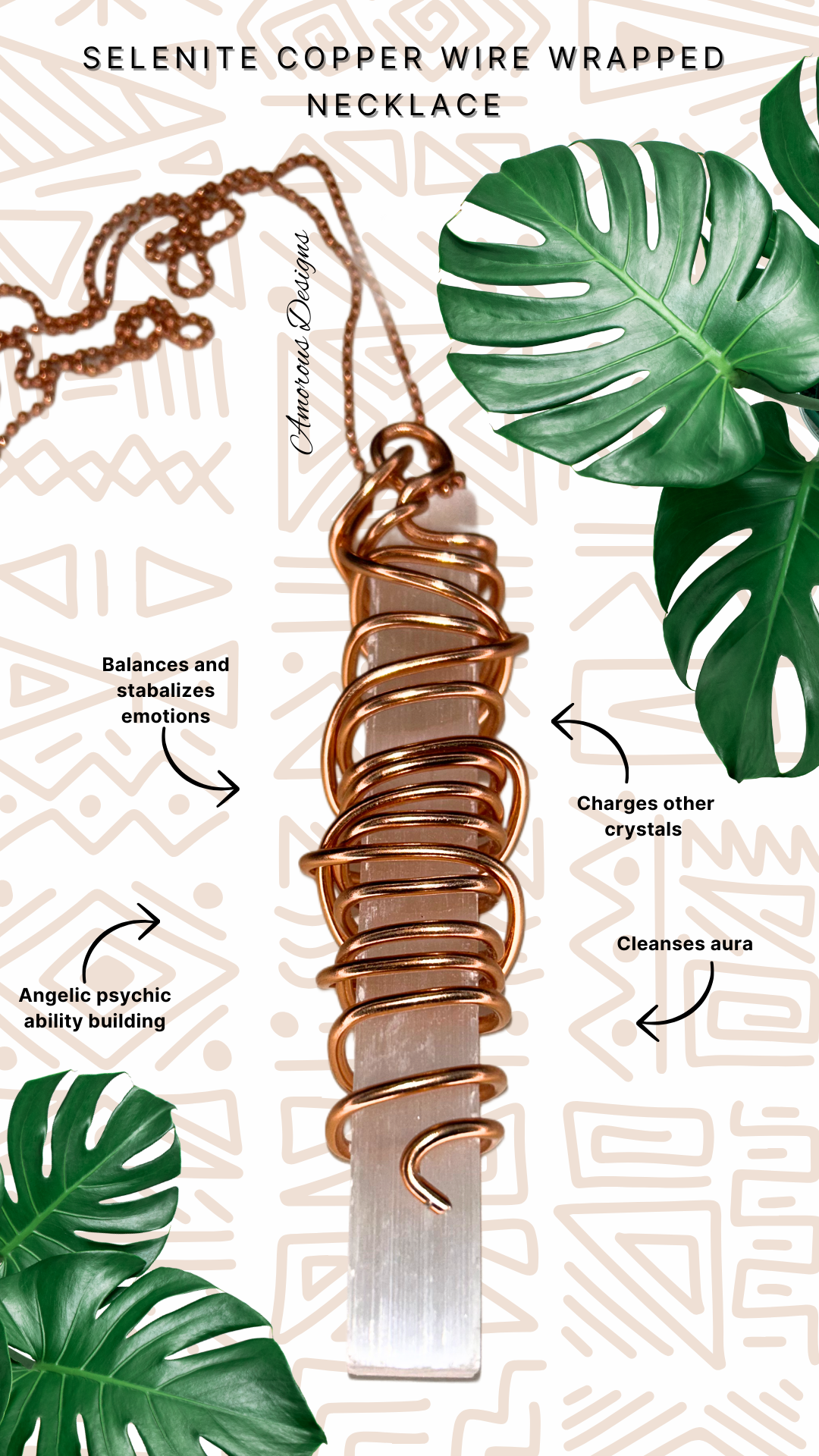 Selenite Copper Wired Wand Spiral Necklace