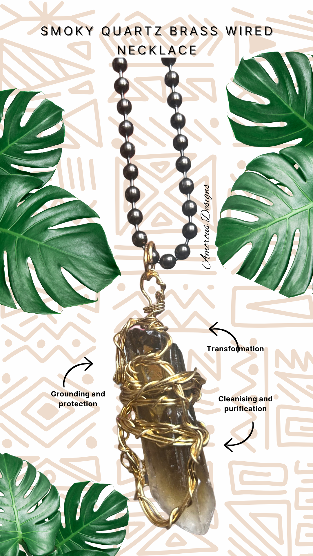 Smoky Quartz Brass Wired Necklace 04