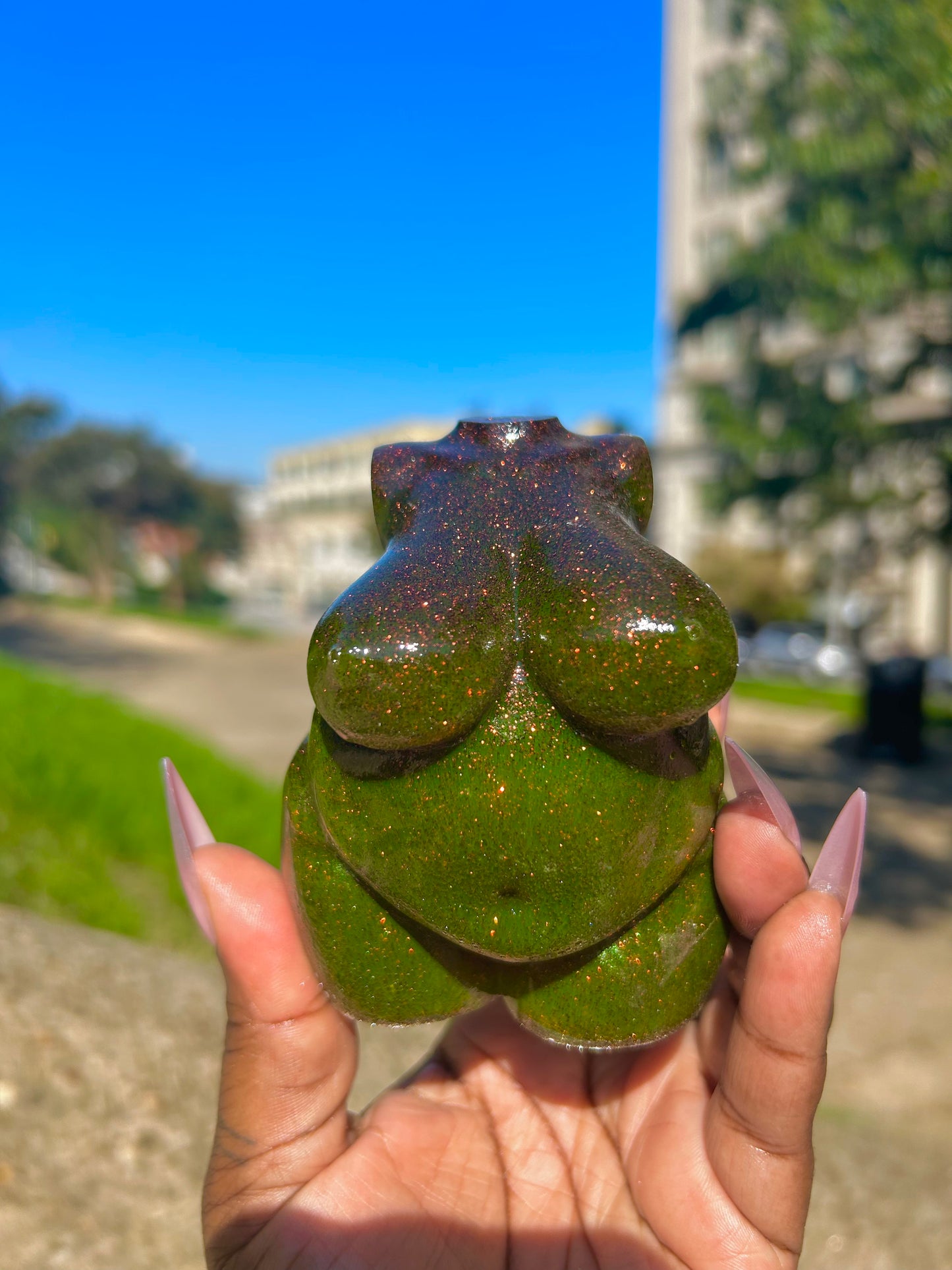 Plus Sized Fat Body Positive Resin Body Sculpture Green Sparkle