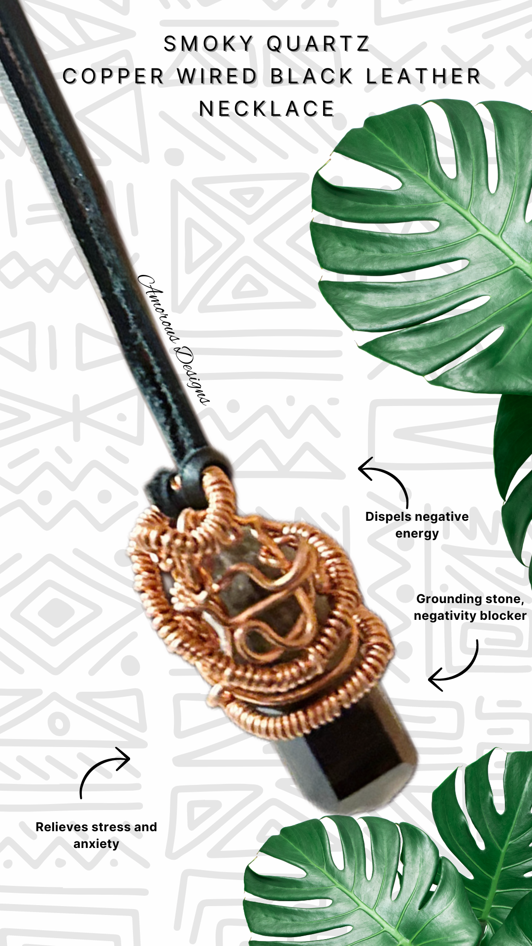 Smoky Quartz Wrapped Black Leather Necklace