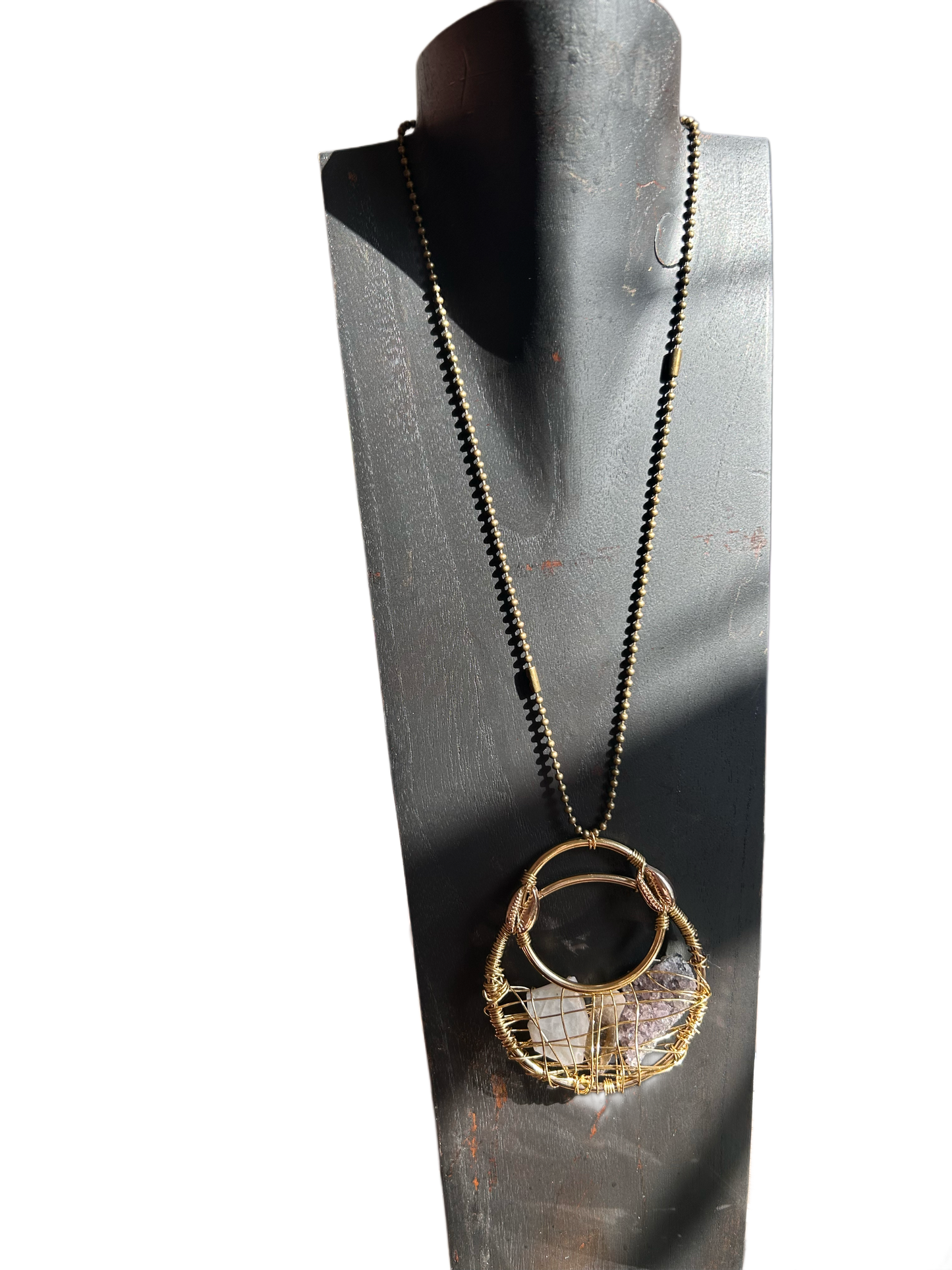 Amethyst, Rainbow Moonstone,Smoky Quartz Double Portal Brass Wired Necklace