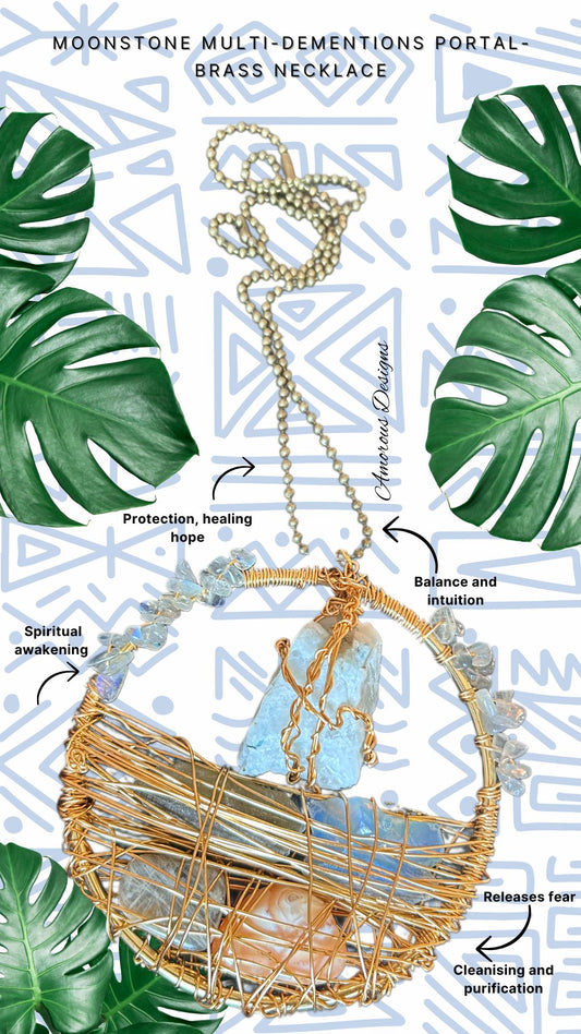 Moonstone Multi-Dimensions Portal Brass Dream Catcher Necklace