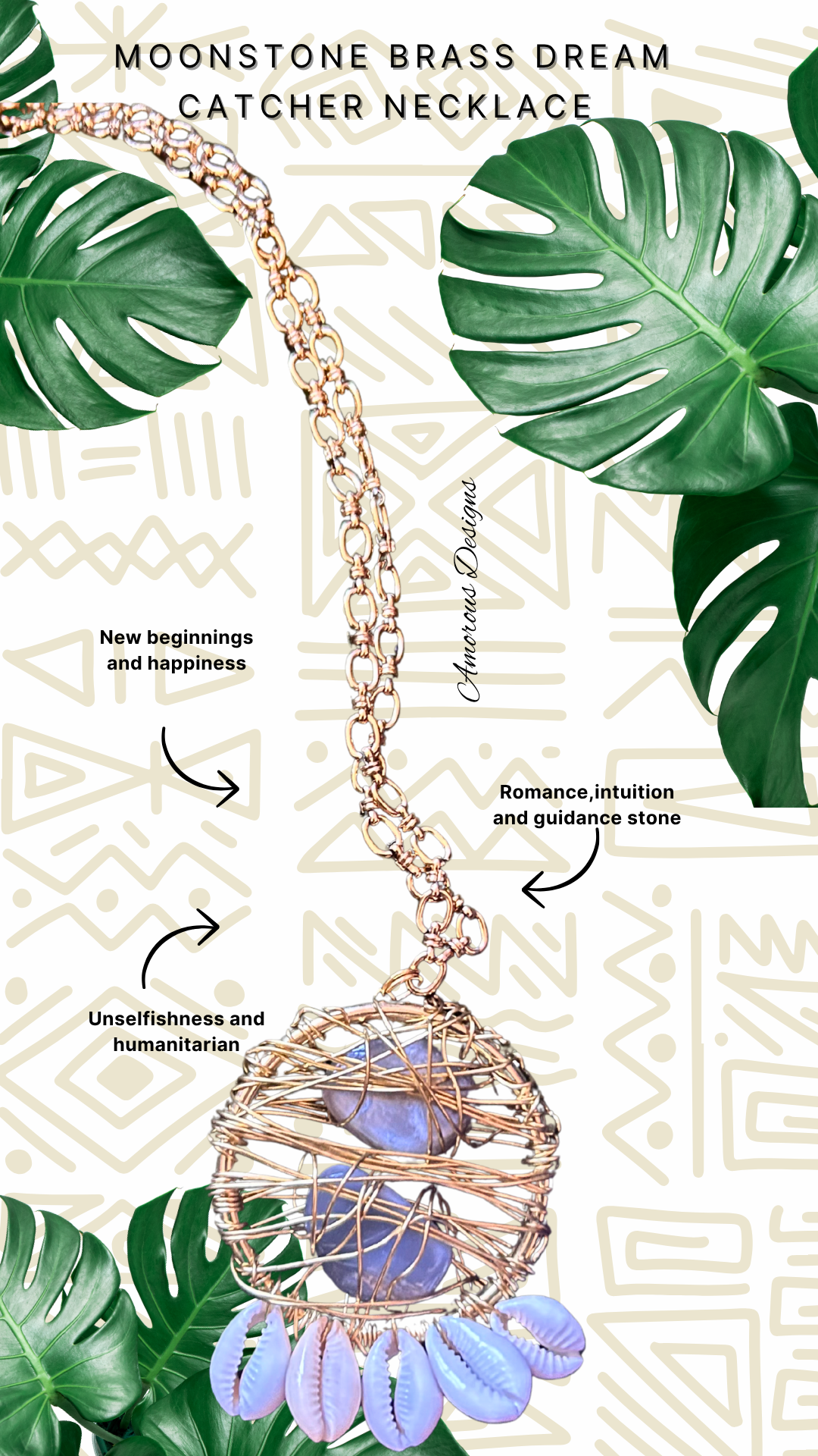 Moonstone Brass Cowrie Dream Catcher Necklace