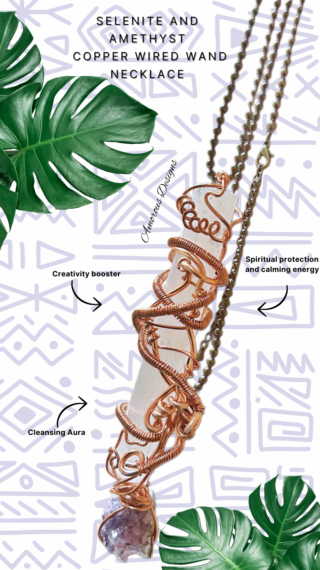 Selenite  Amethyst Copper Wired Wand Necklace