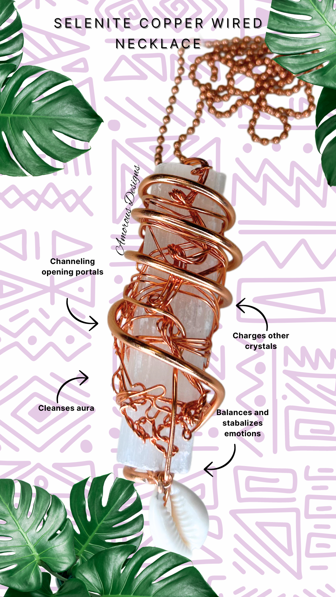 Selenite Copper Wired Cowrie Necklace