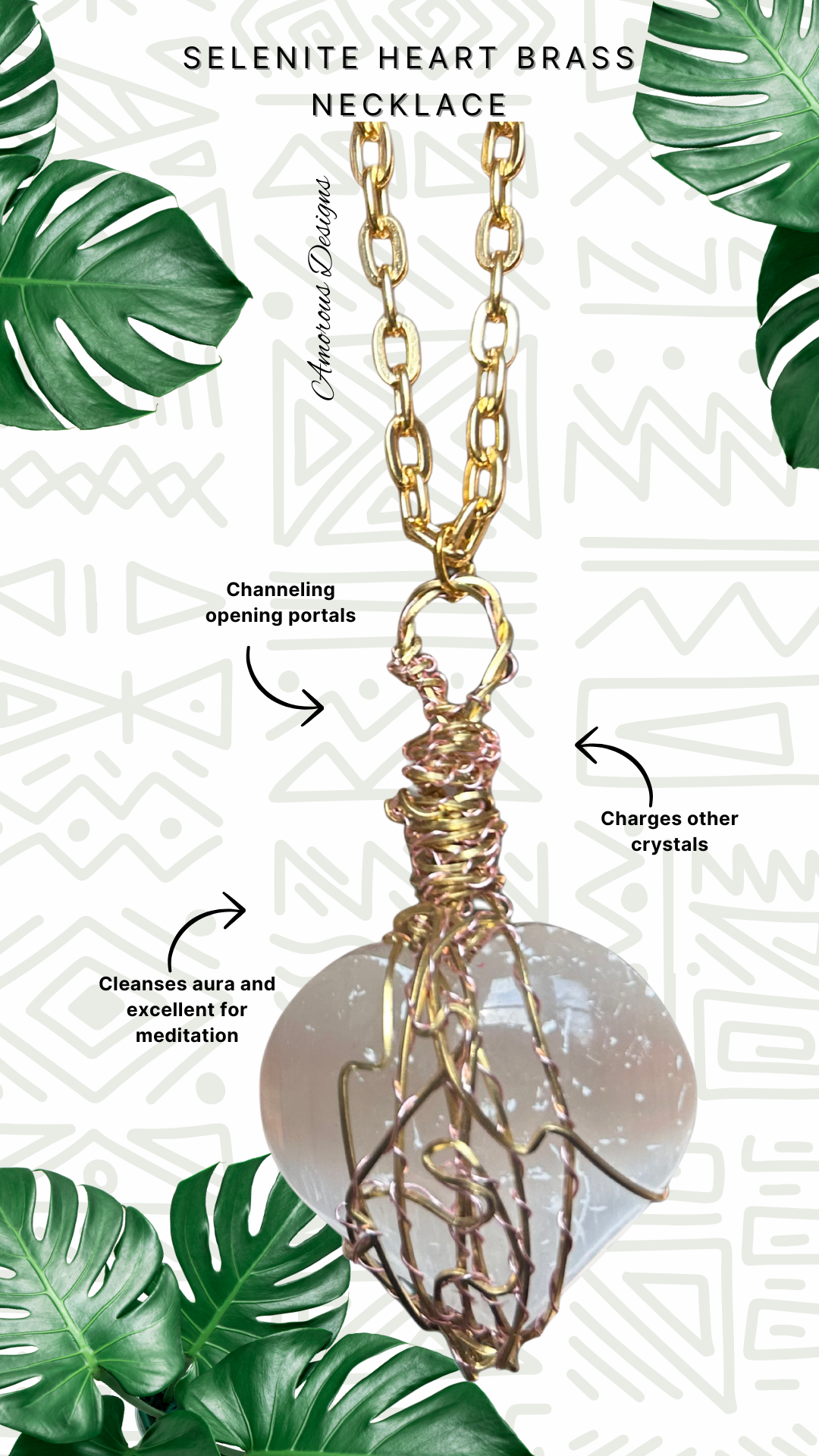 Selenite Heart Brass Wired Necklace